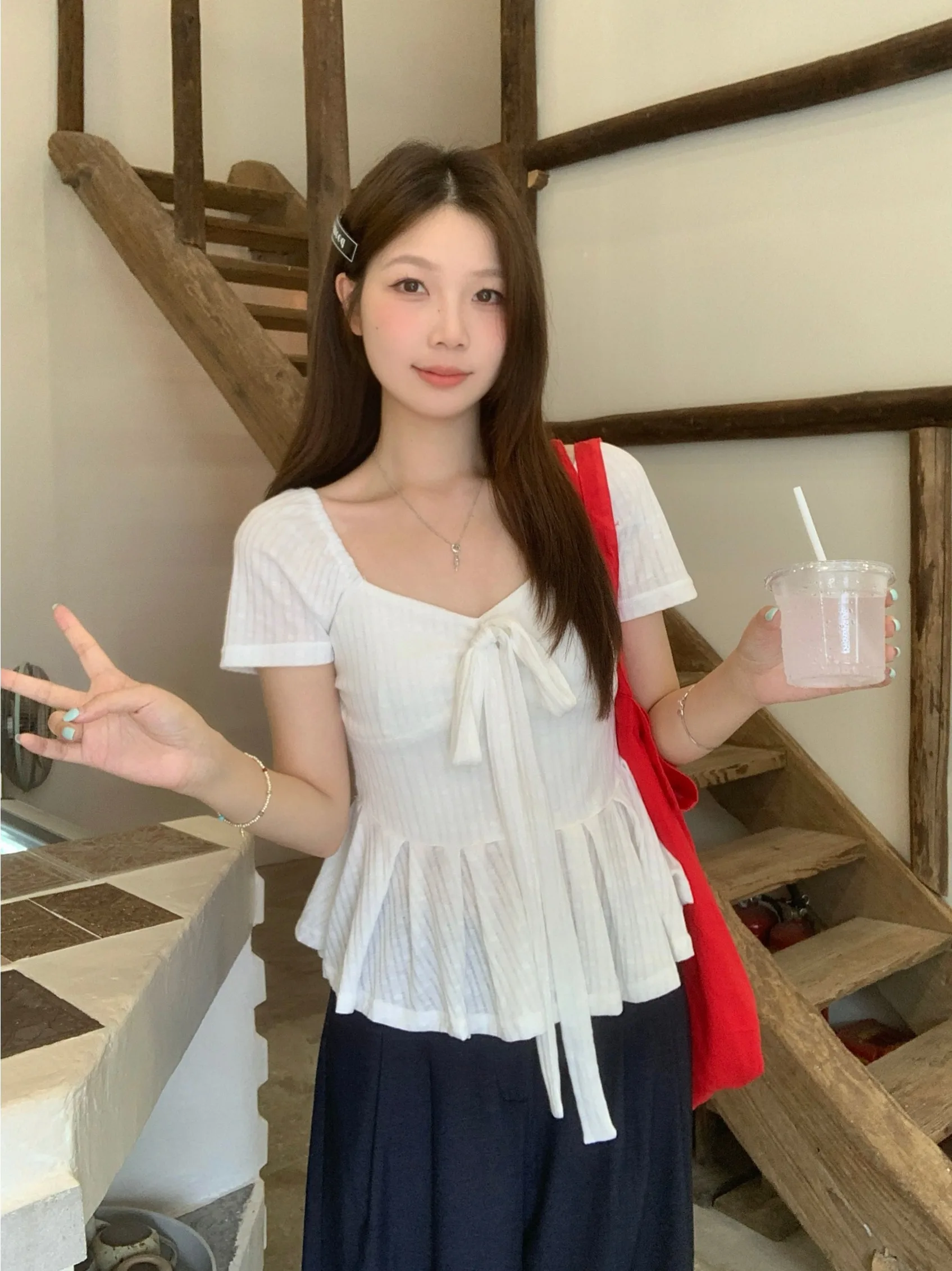 

Sweet White Texture Knot Square Collar irt Women's Summer New Design Ele Top plus Size Korean Sle Slim Fit