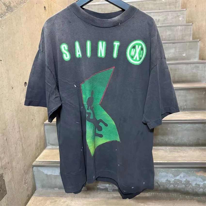 

Vintage SAINT Washed Creative Letter Pattern Printed Pure Cotton Short Sleeved High Street Versatile Oversize Men Women T-shirt