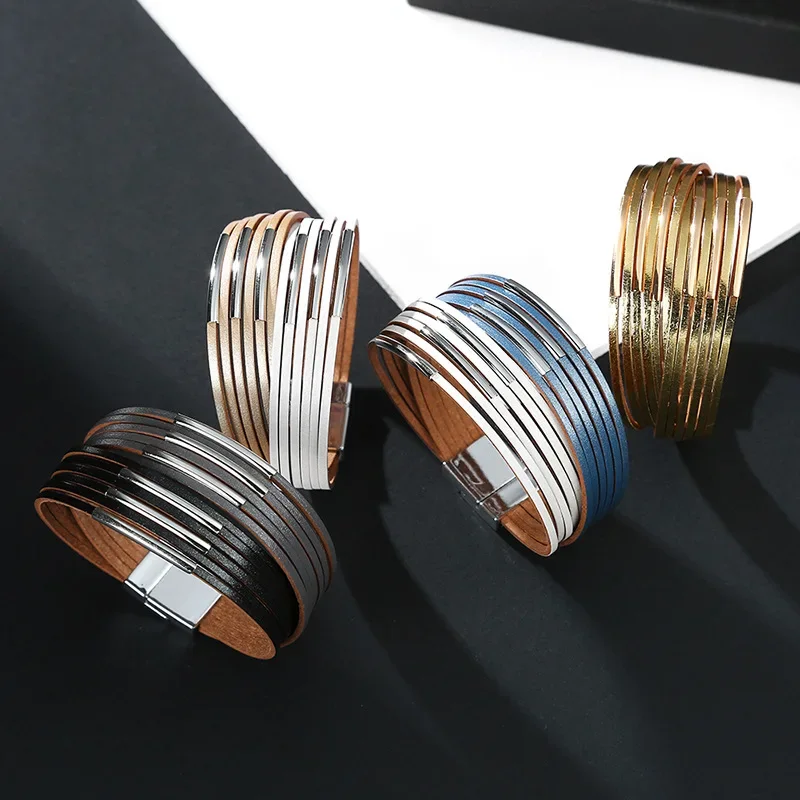 Charmsmic Multilayer PU Leather Bracelets Female Girls Tiny Golden Color New Design Women Armband Hand Jewelry Accessories