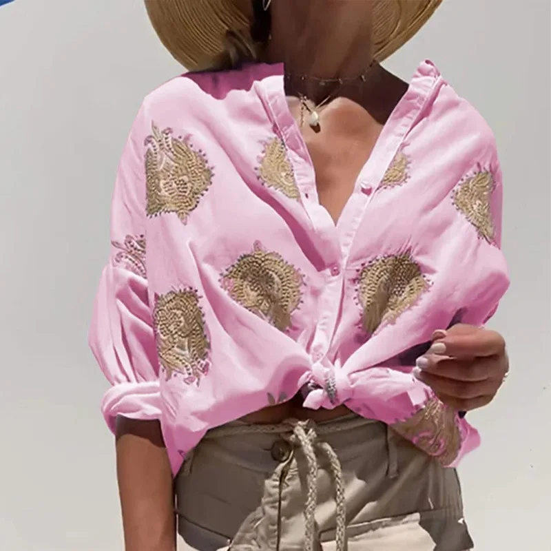 Women's Autumn Turn-down Collar Button Graphic Print Long Sleeve Shirt