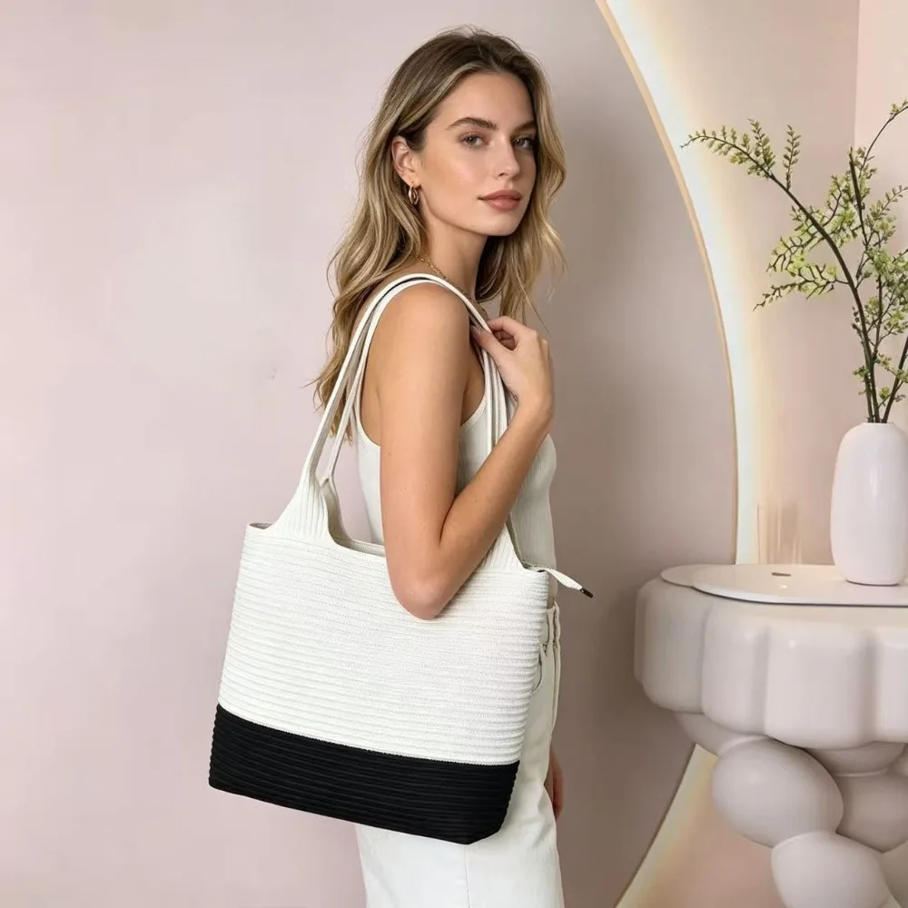 

Large-capacity high-quality textured black and white spliced wear-resistant fly-knit single-shoulder tote bag