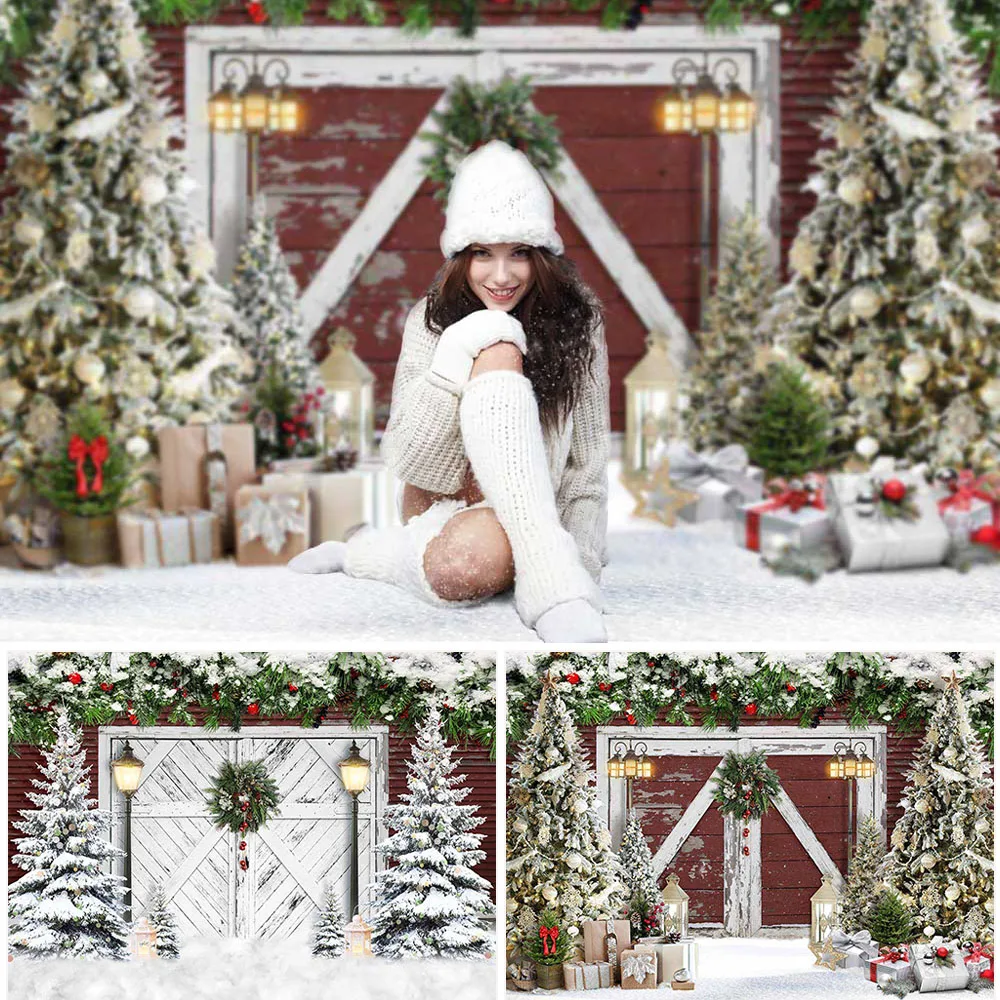 

Christmas Backdrops for Photography Rustic Wooden Door Xmas Tree Decor Photoshoot Portrait Photo Props Studio Booth Background