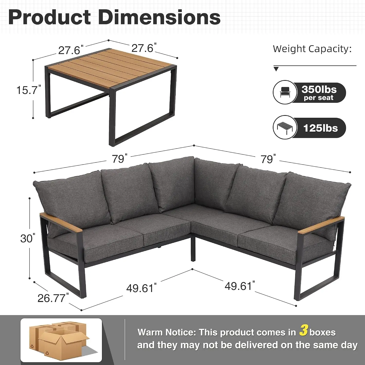 6 Pieces Metal Outdoor Sectional, Patio Conversation Set,Grey, Customized