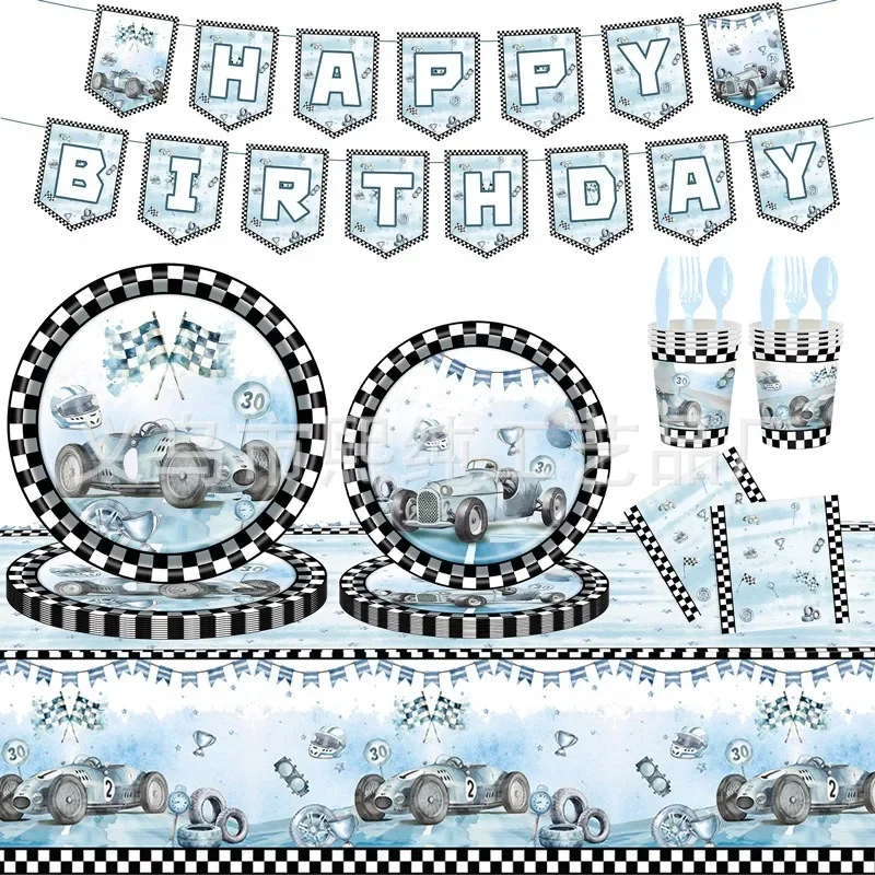 10 Gäste Rennthema Einweggeschirr Rennwagen Schwarz Weiß Gitter Pappteller Servietten Happy Boys Geburtstag Party Dekore