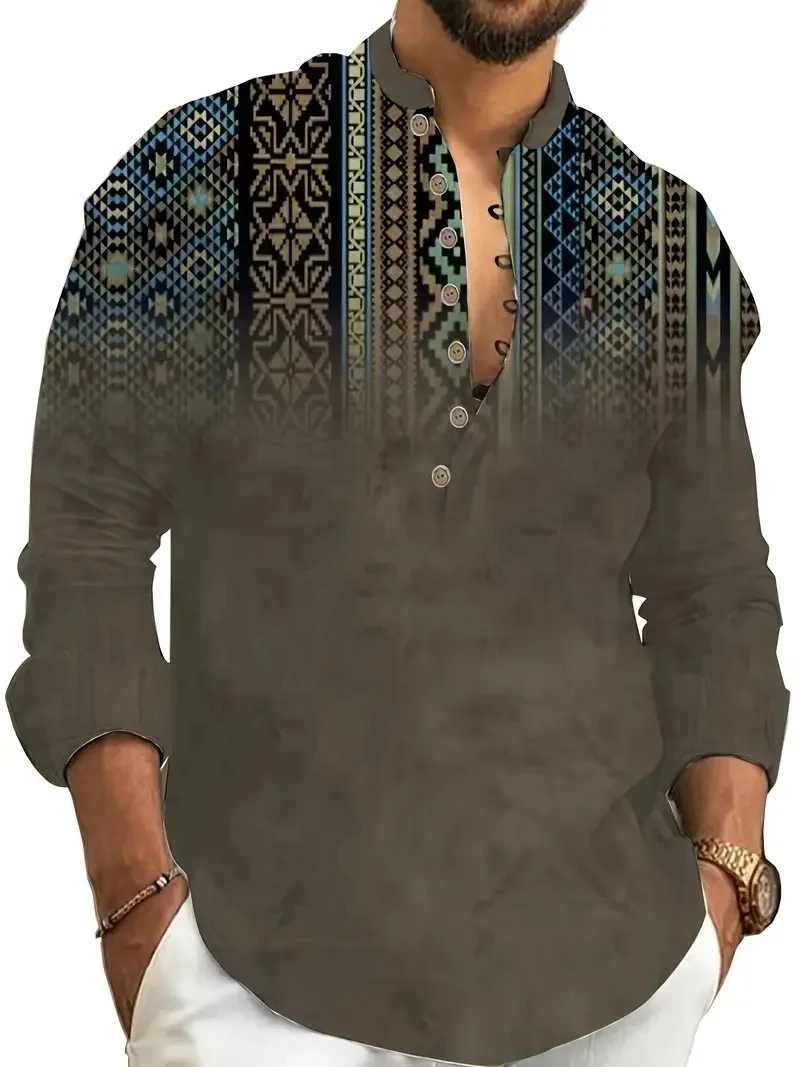 New men's linen short-sleeved shirt, fashionable, retro style, ethnic totem print, comfortable and breathable, men's top