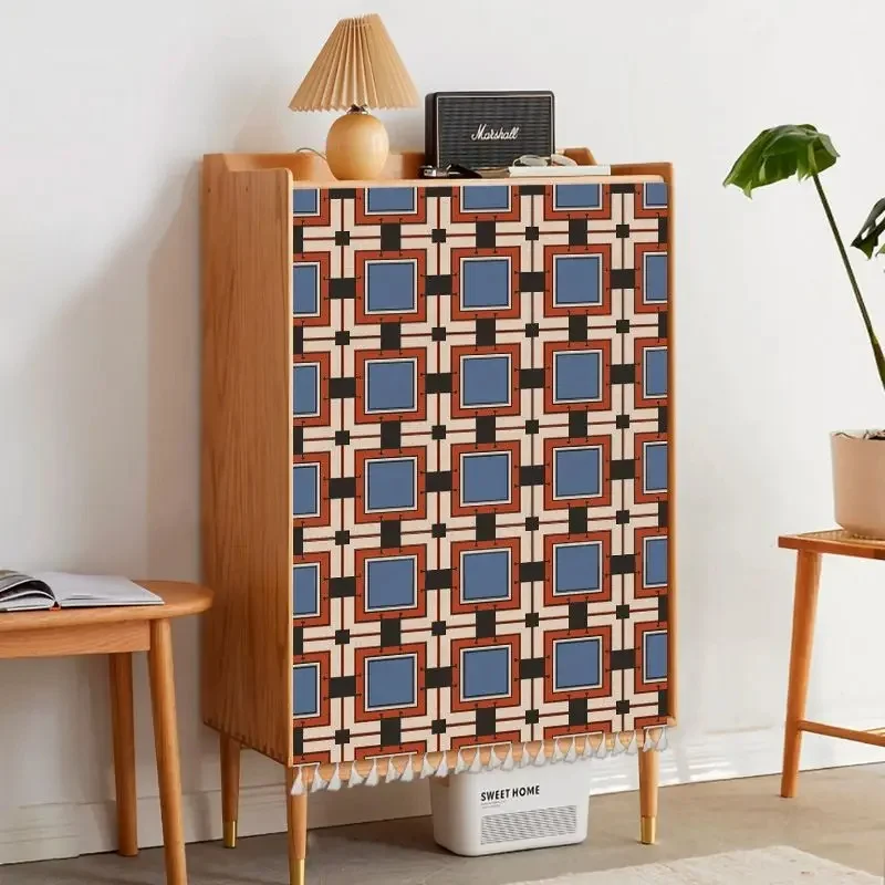 VIKAMA Mid Century Style Cabinet Curtain Vintage Lattice Print Tassel Fabric Cover Curtain for Shoe Cupboard Decoration