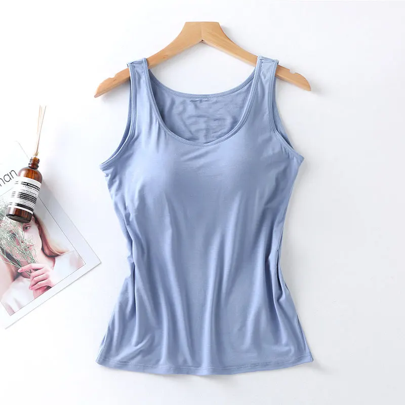 2025 Women\'s Vest Tops with Built In Bra Neck Vest Solid Color Padded Slim Fit Tank Tops Sexy Shirts Feminino Casual Tank Tops
