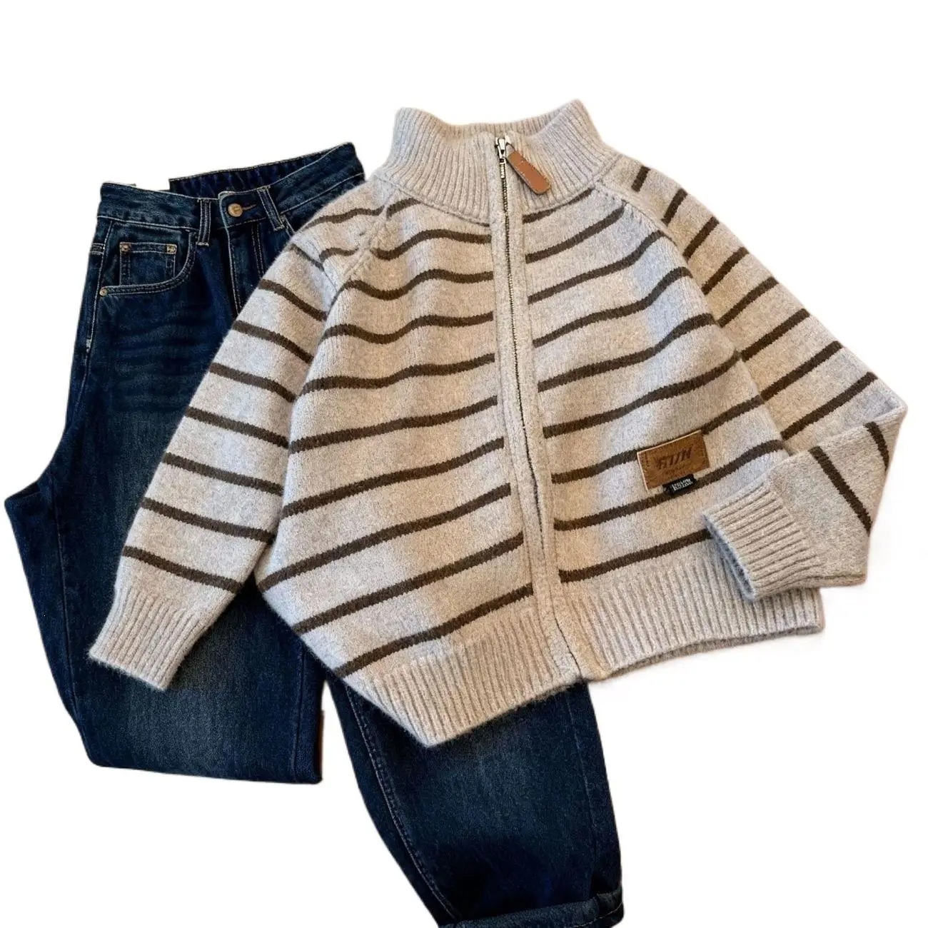 Boys' Striped Zipper Sweater Cardigan Autumn and Winter New Children's Stylish Semi High Neck Knitted Jacket