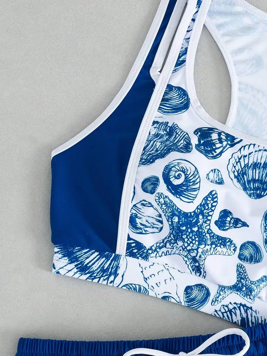 

Womens Blue White Starfish Shell Print Halter Swimsuit With Drawstring Waist Shorts Hollow Back Nautical Chic