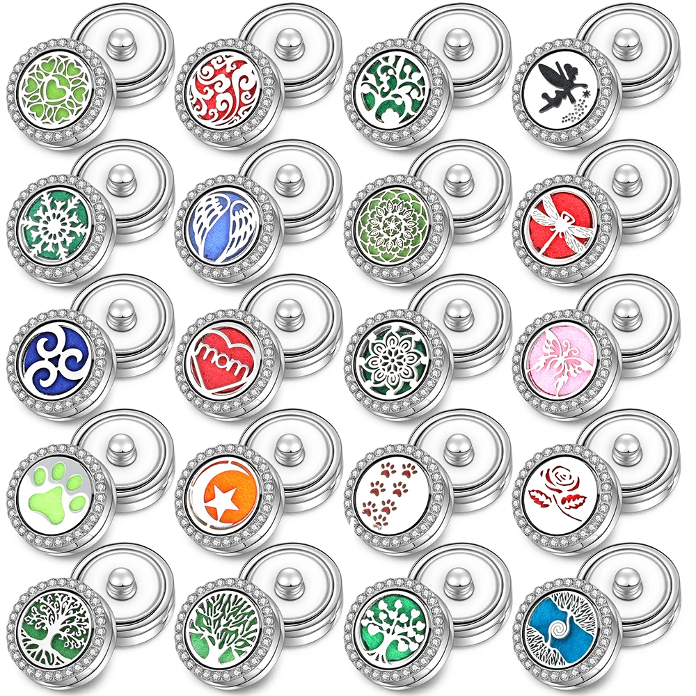 Trendy Tree of Life Aromatherapy Diffuser Snap Buttons Stainless Steel Essential Oil Perfume Lockets Pendant Jewelry Accessories