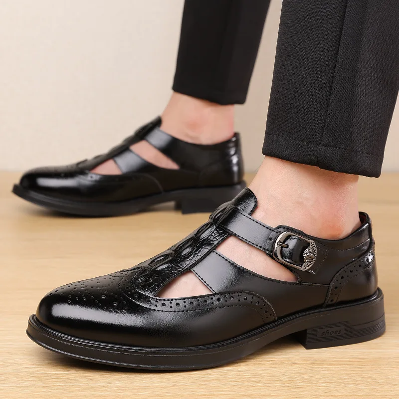 

New Fashion Sandals Handmade Summer Shoes Mens Breathable Leather Beach Shoes Man Outdoor Sandaly Antiskid Hollow Walking Shoes
