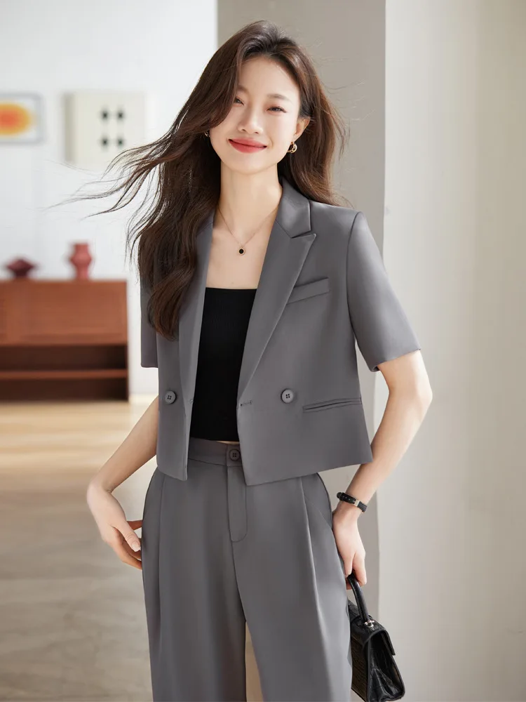 

Gray Casual Suit Women's Summer Thin2024New Small Short Suit Wide Leg Pants Two-Piece Set