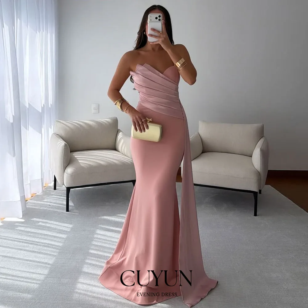 

CUYUN Customized Mermaid Strapless Evening Gown Pleated Pink Banquet Party Gown Women Formal Event Dresses Floor-Length