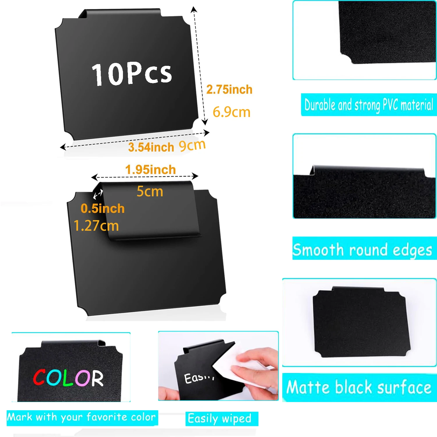 10pc Black Square Detachable Basket Label Clip Kitchen Utensil Basket Storage Classification Label Erasable Blackboard Clip Card