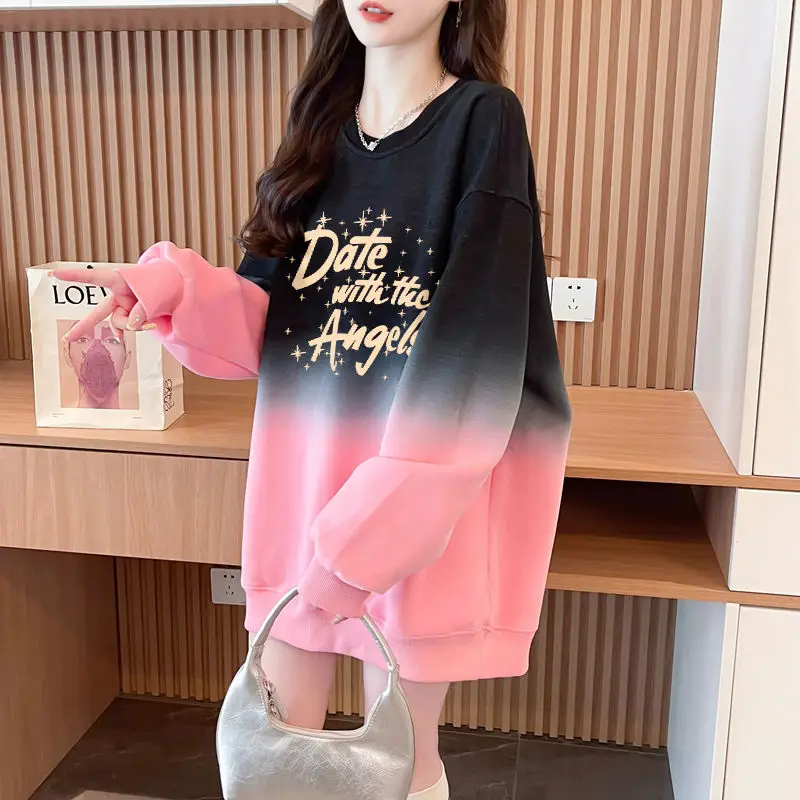 Spring Autumn Women\'s 2024 New Splicing O-Neck Fashion Versatile Letter Printed Gradient Medium Long Loose Long Sleeve Hoodies