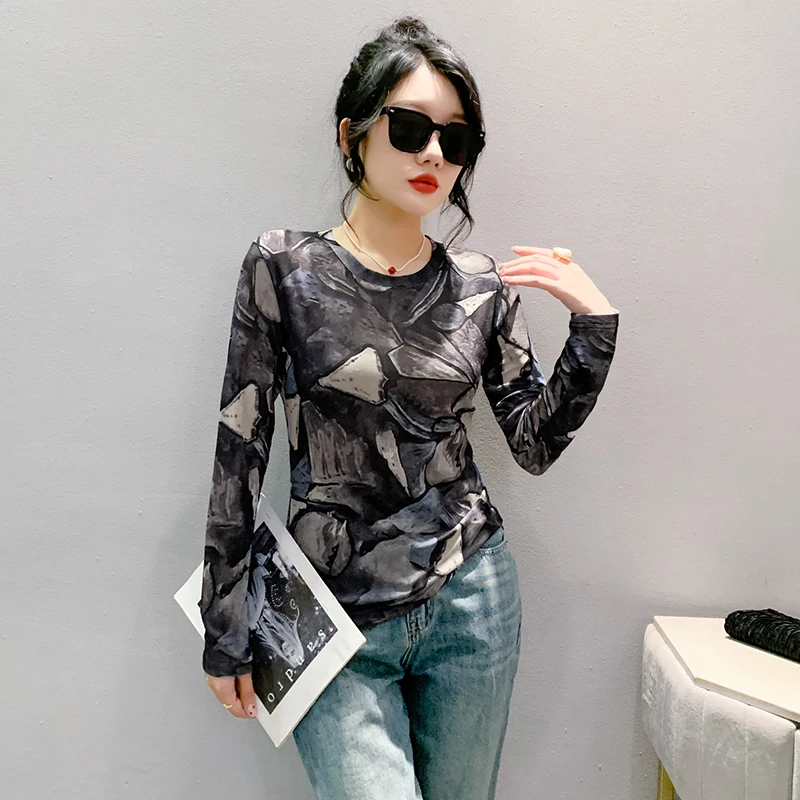 MadBlack-European 2025 Spring T-Shirt, Sexy Women's O Neck Geometry Printed Top, Streetwear Long Sleeve Slim Mesh Tee T51705CC