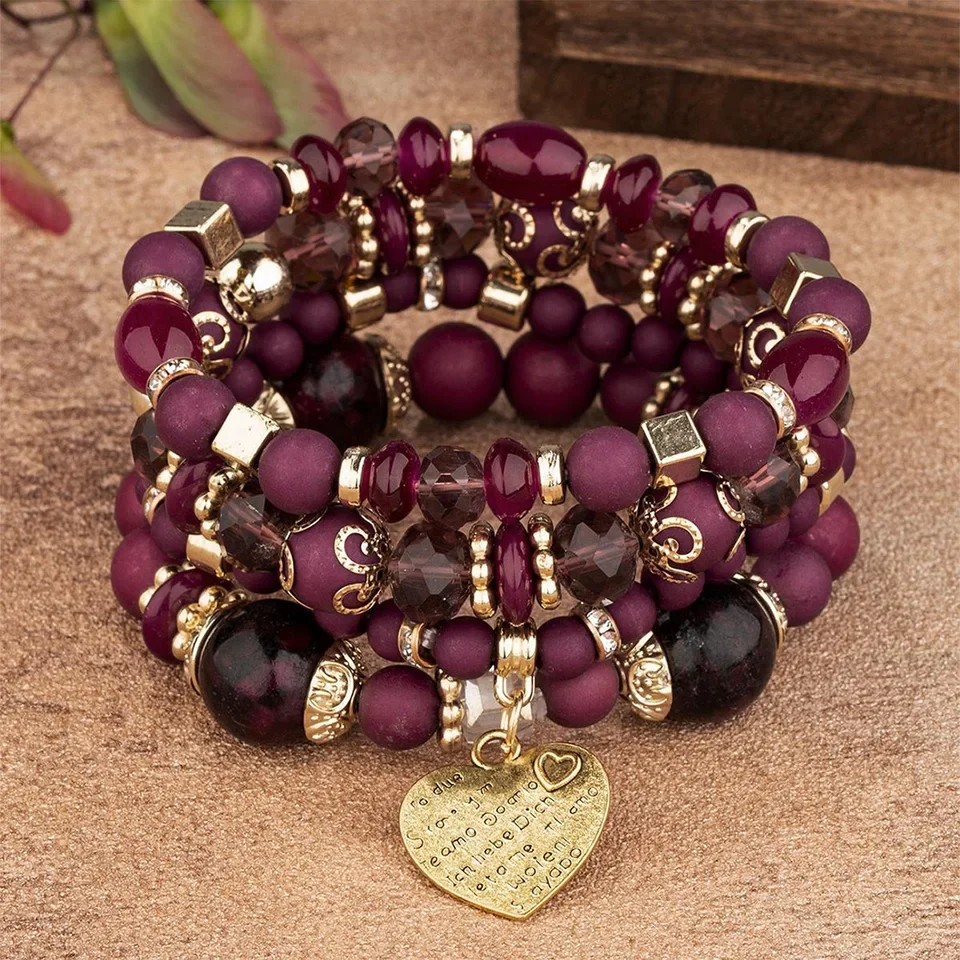 Nuevo conjunto de pulseras de cadena con cuentas acrílicas para mujer, brazalete elástico con dije de árbol de la vida, accesorios de joyería bohemia para mujer