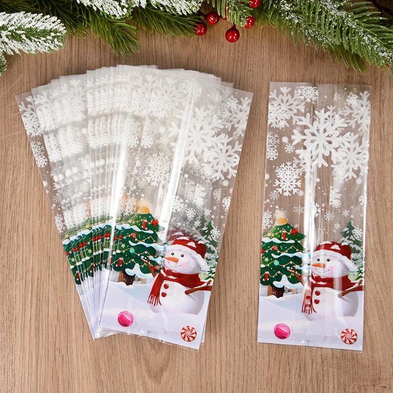 25/50pcs Plastic Christmas Gift Bags Cartoon Snowman Snowflake Transparent Xmas Gift Candy Biscuit Baking Goodie Packaging Bag