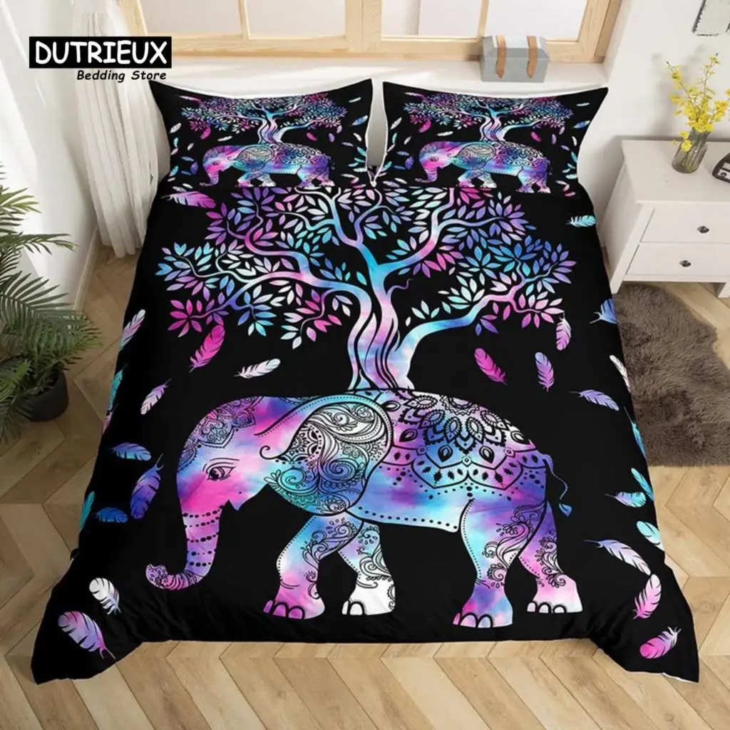 Elephant Duvet Cover Feather Bohemian Mandala Bedding Set Single Twin King Microfiber Exotic Animal Tree of Life Comforter Cover