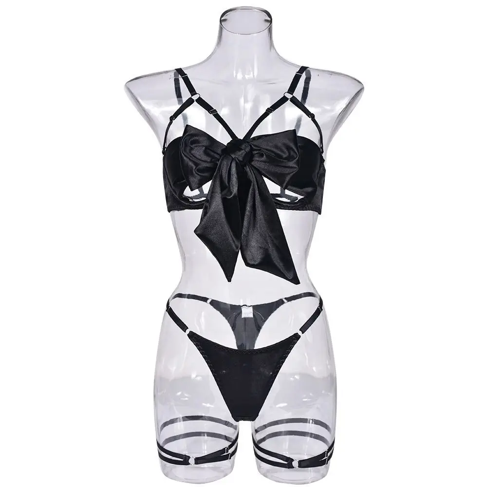 

Pajamas Bow Underwear Three Piece Set Hollow Out Women Lingerie Satin Silk Bra Suit Sweet Ruffle Women Lingerie Set Girl