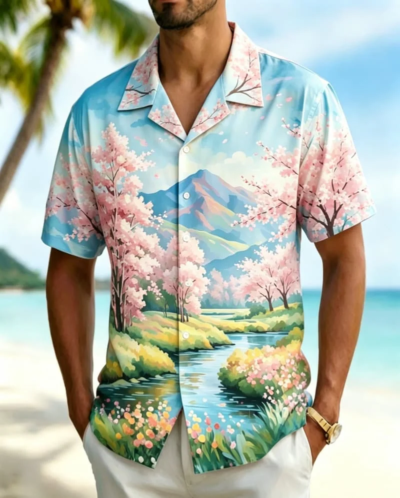 

Men's natural scenery printed shirt, suitable for summer short trips, beach wear, office casual wear, and street fashion