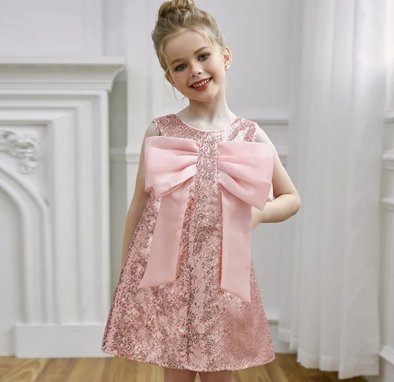 

Новое бутиковое розовое платье-жилет с бантом и блестками для маленьких девочек, элегантные праздничные платья принцессы для детей от 3 до 7 лет