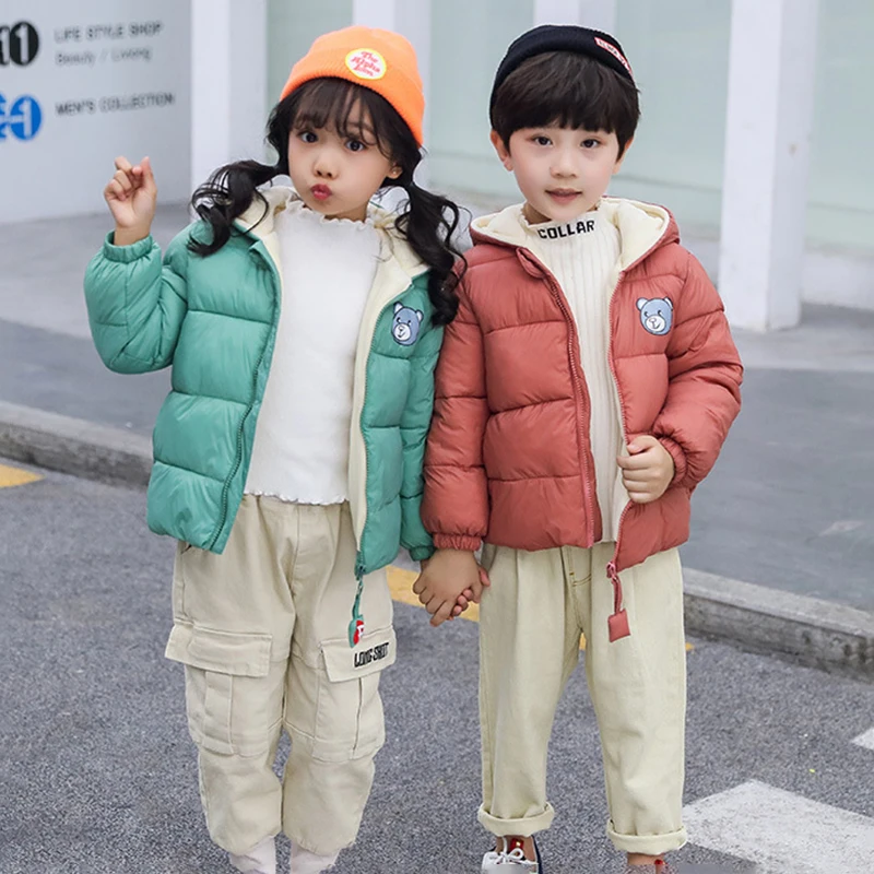 New Autumn Winter Thick Keep Warm Girls Jacket Cartoon Bear Inner Lining With Thickened Velvet Hooded Coat For 2-6Years Old Kids