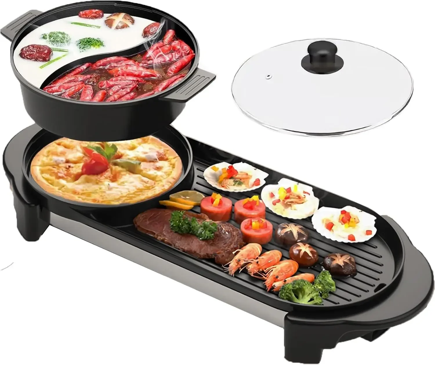 Electric Hot 2 in 1 Shabu Shabu Hot Korean BBQ Grill, Removable Hotpot Pot 1200W / Large Capacity Baking