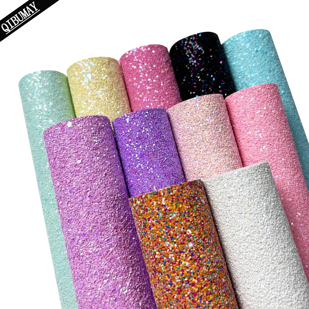 QIBU 22*30cm Chunky Glitter Fabric Solid Color Synthetic Leather Sheets for Party Crafts Bags Decoration DIY Hairbow Accessories