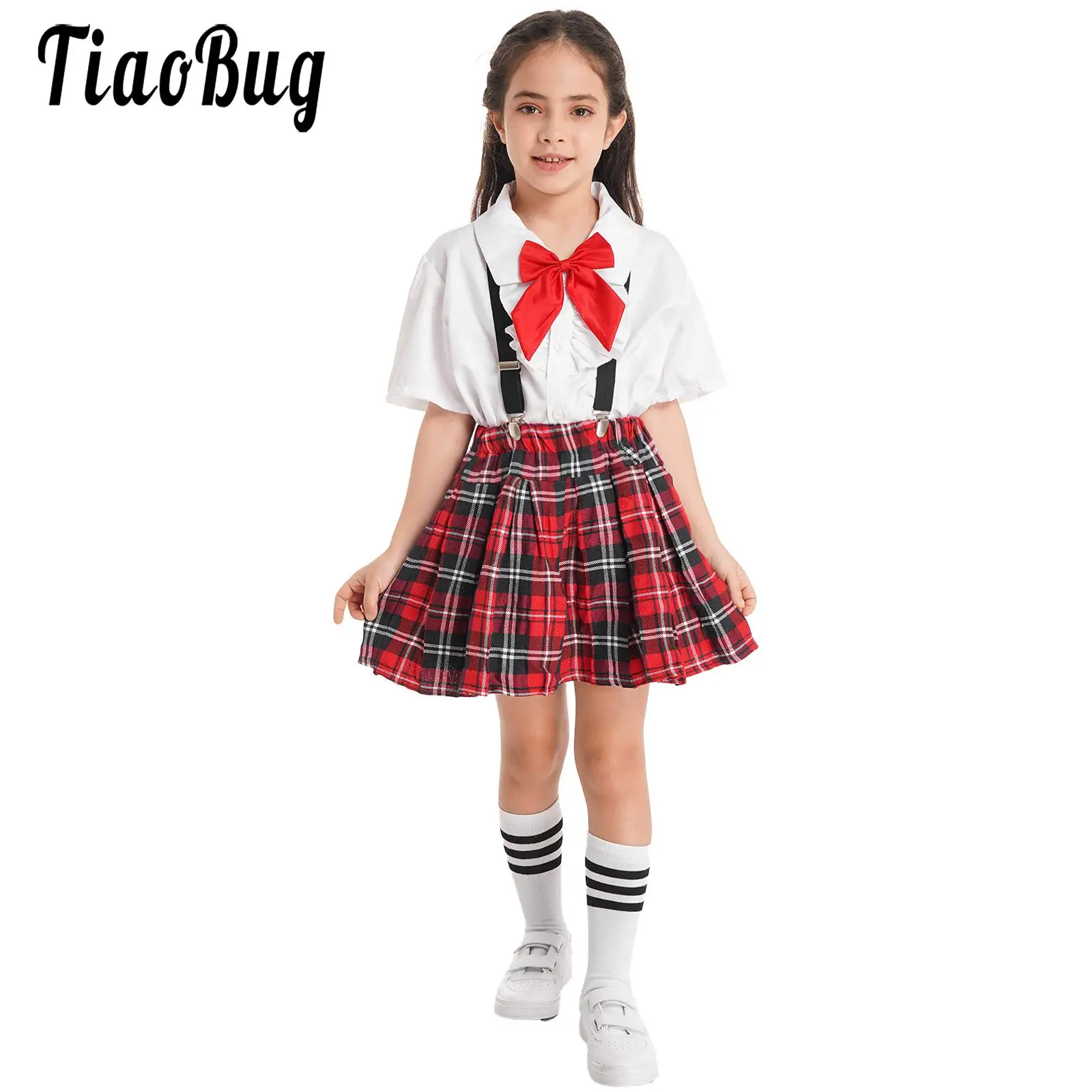 Kids Girls School Uniform Student Choir Performance Outfits Bow Tie Shirt with Suspender Skirt Socks Schoolgirls Stage Costumes