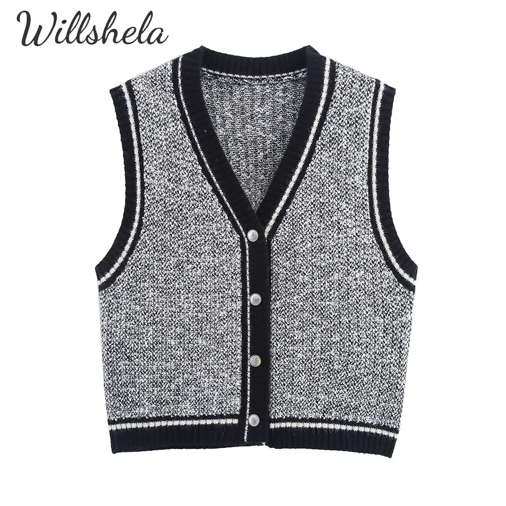 

Willshela Women Fashion Grey Sweater Vest V-Neck Sleeveless Female Chic Lady Casual Mujer Knitted Waistcoat