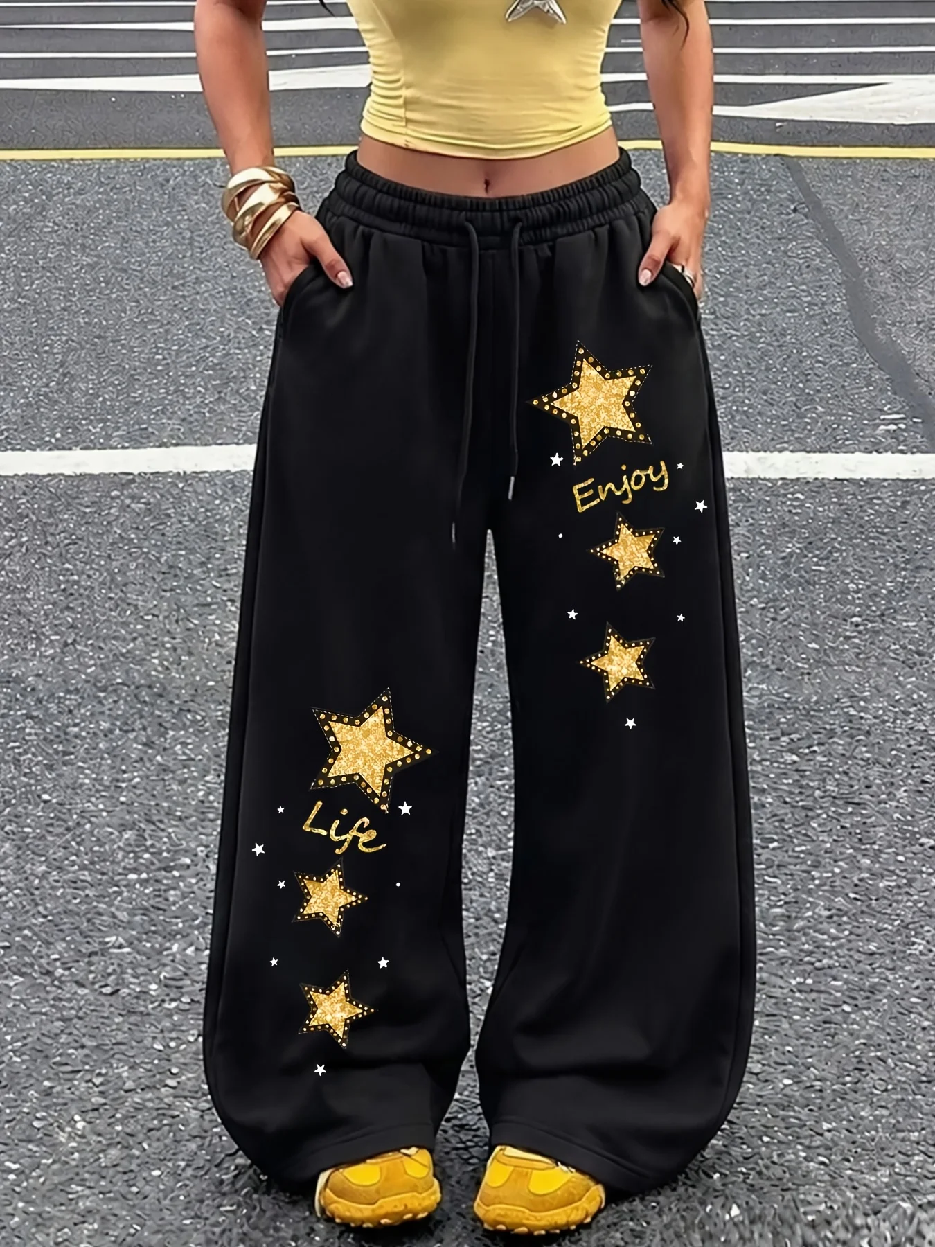 Damen Street-Style Casual Jogginghose mit Sternenprint Neuheiten für Frühling Fleece Loose Fit Streetwear Oversized – Detail 3
