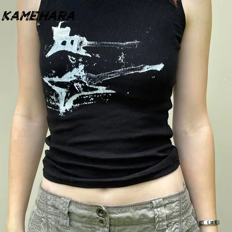 

KAMEHARA Guitar Print Sleeveless Tank Top Y2K Casual Ribbed Women Grunge Crop Camis Harajuku Fashion Vest Tee 90s Street Outfits