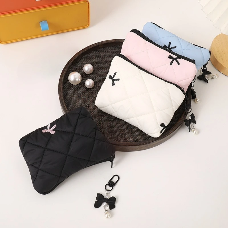 Cute Bow Embroidered Small Cosmetic Lipstick Earphones Data Cable Portable Storage Bag Coin Purse Pouch Make Up Bags Organizer