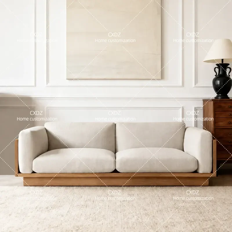 Nordic Wabi Sabi Style Floor to Ceiling Sofa Solid Wood Frame Removable Washable Fabric Straight Row Couch for Small