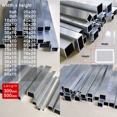 알루미늄 합금 사각 튜브 높이 5-25mm 길이 300 500mm 사각 프로파일 DIY 장식 알루미늄 사각 튜브 중공 튜브
