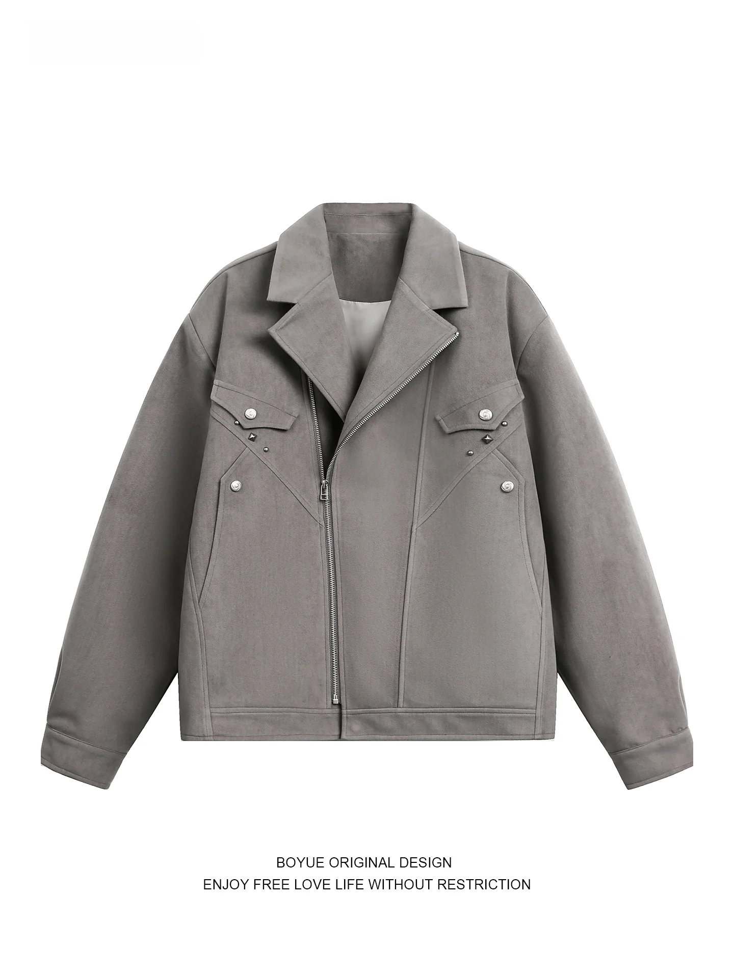 

Мужская повседневная мотоциклетная куртка Boyue American Street из замши с заклепками, свободного кроя, на молнии, из полиэфирного волокна