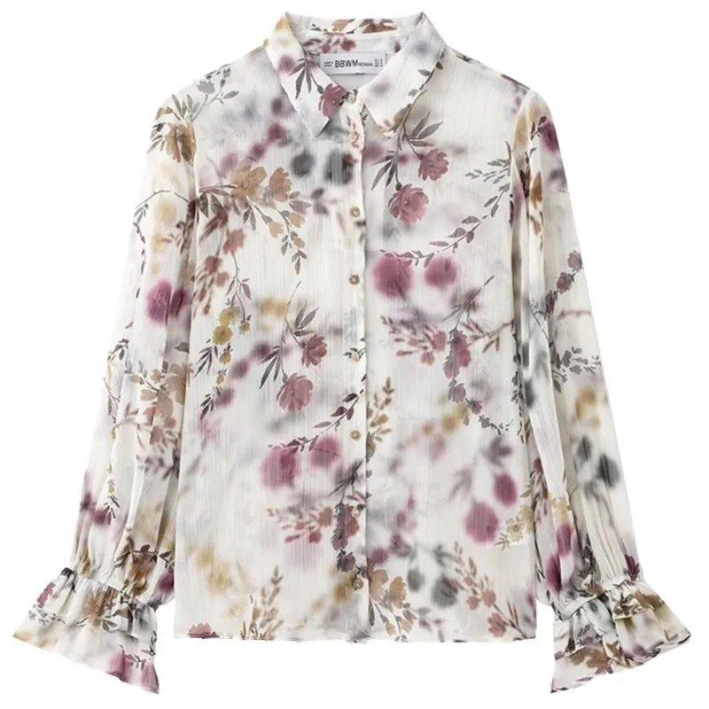 Primavera 2025 Donna Faion Long Sve Stampato irt Colore metallo Colletto rovesciato Vestibilità ampia Dolce Sle Nuovo arrivo