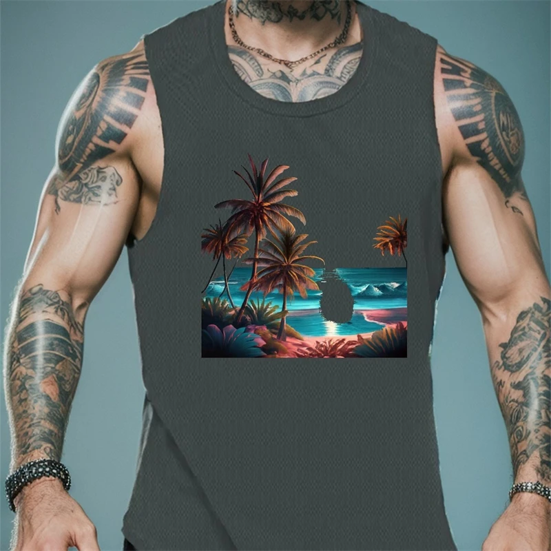 

Trendy Palm Tree Graphic Tank Tops For Men Summer Fashion Sleeveless 3D Printed Fitness Vest Cool Streetwear Breathable Tops