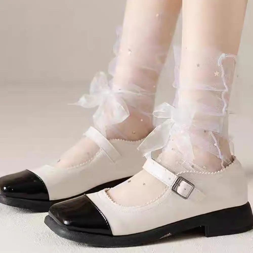 

5Pairs Star Moon Transparent Bow Socks Sweet Mid-calf Tulle Shiny Socks Breathable Female Hosiery Mesh Tube Socks Women Girl