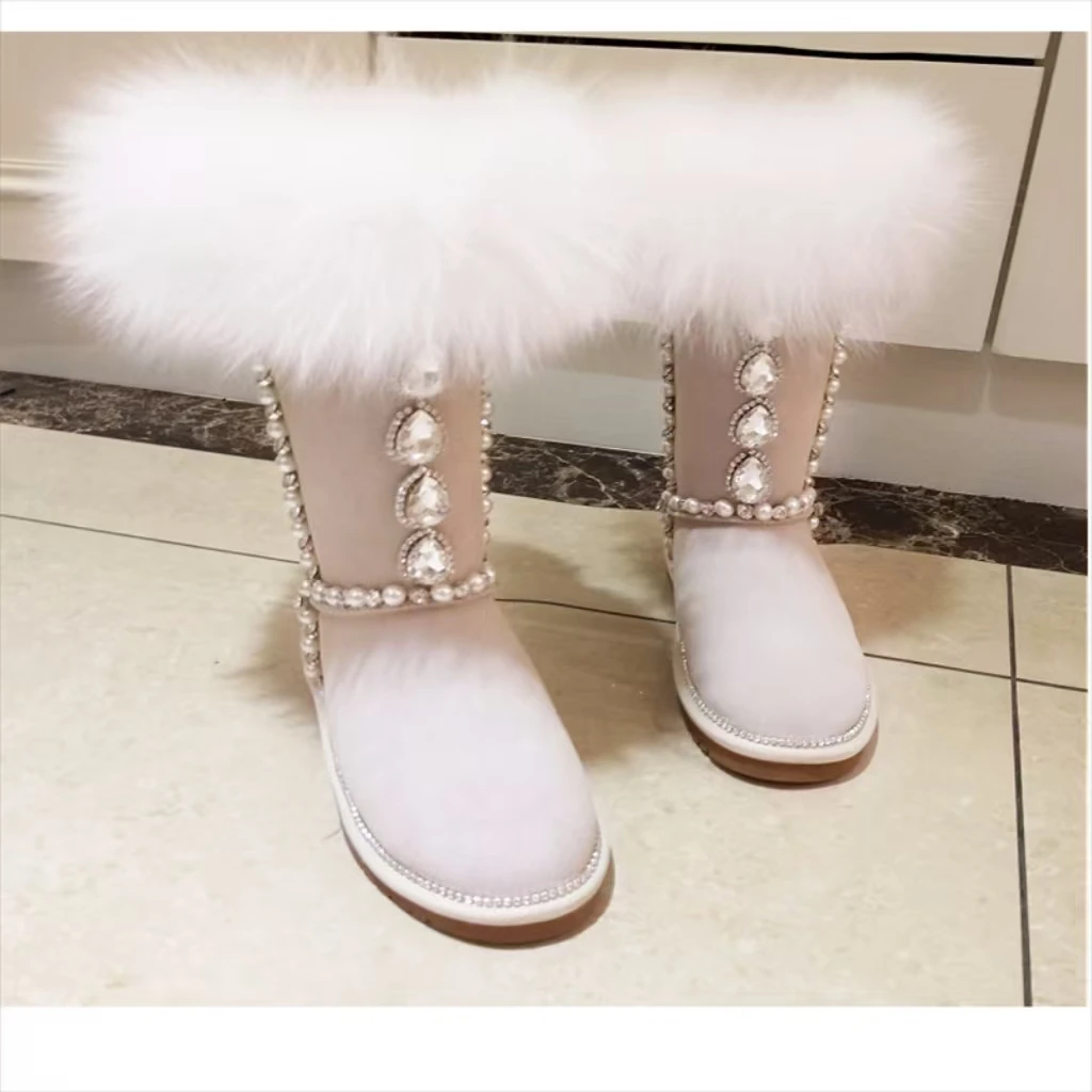 Natural fox hair custom tall rhinoceros pearl fur one large size warm snow boots 35-44