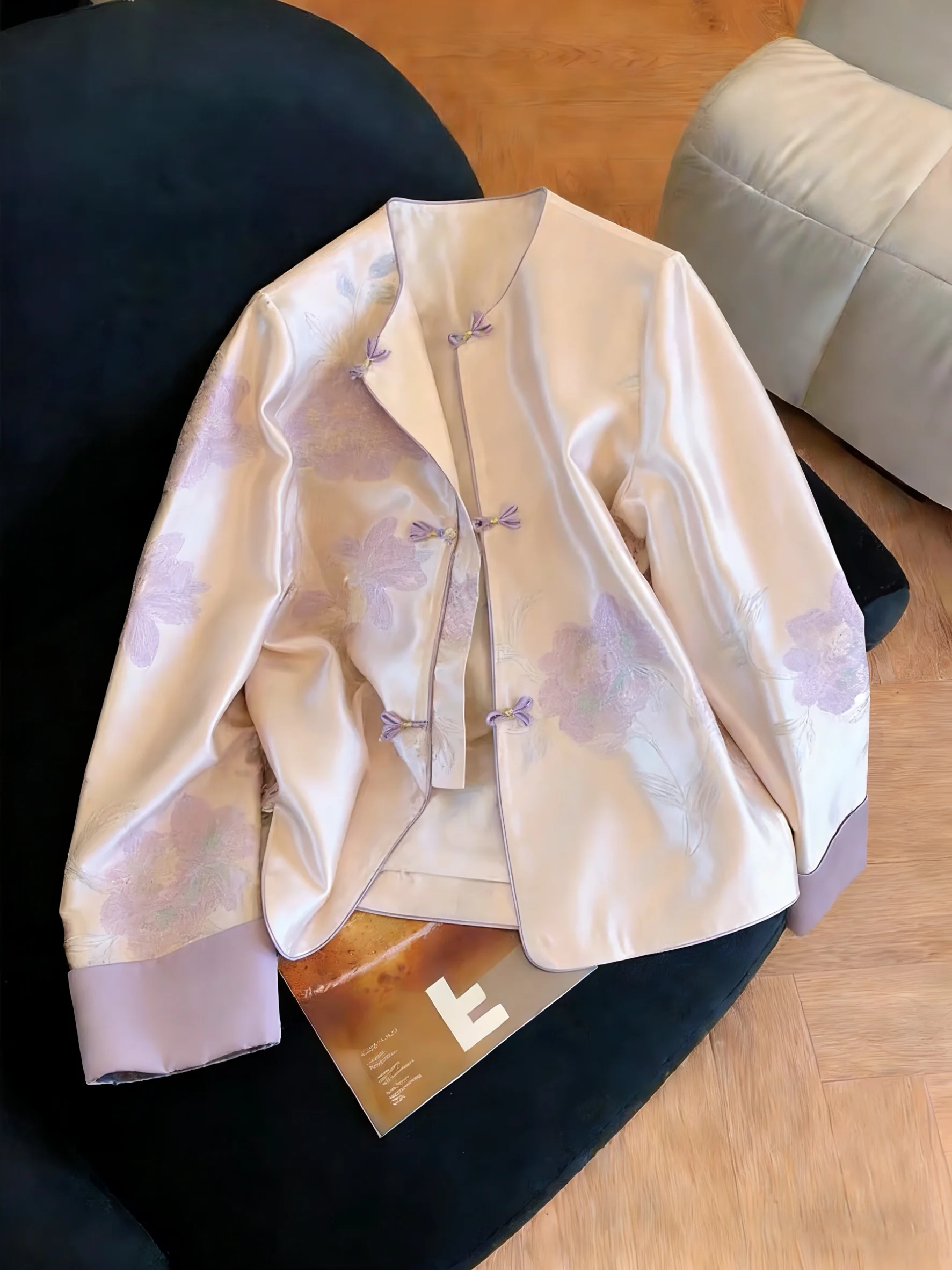 

Ele Purple Embroidered round Ne Jaet Women's Spring Autumn New Chinese Retro Heavy Embroidery Button up Top