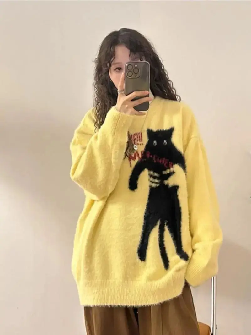

Yellow Cat Jacquard Sweater 2025 Autumn Winter Cartoon Print Pullover Coquette Aesthetic Lazy Style Womens Fashion