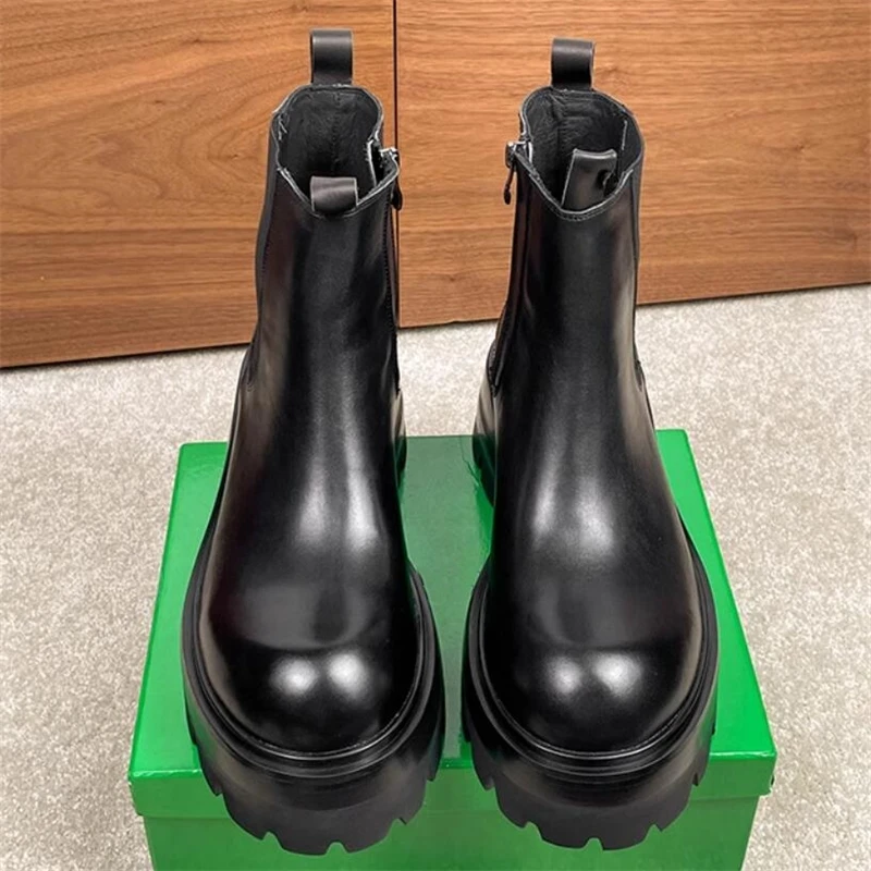 New British Platform Ankle Boots Men Genuine Leather Fashion Casual Work Outdoor Motorcycle Chelsea Boots Height Increasing