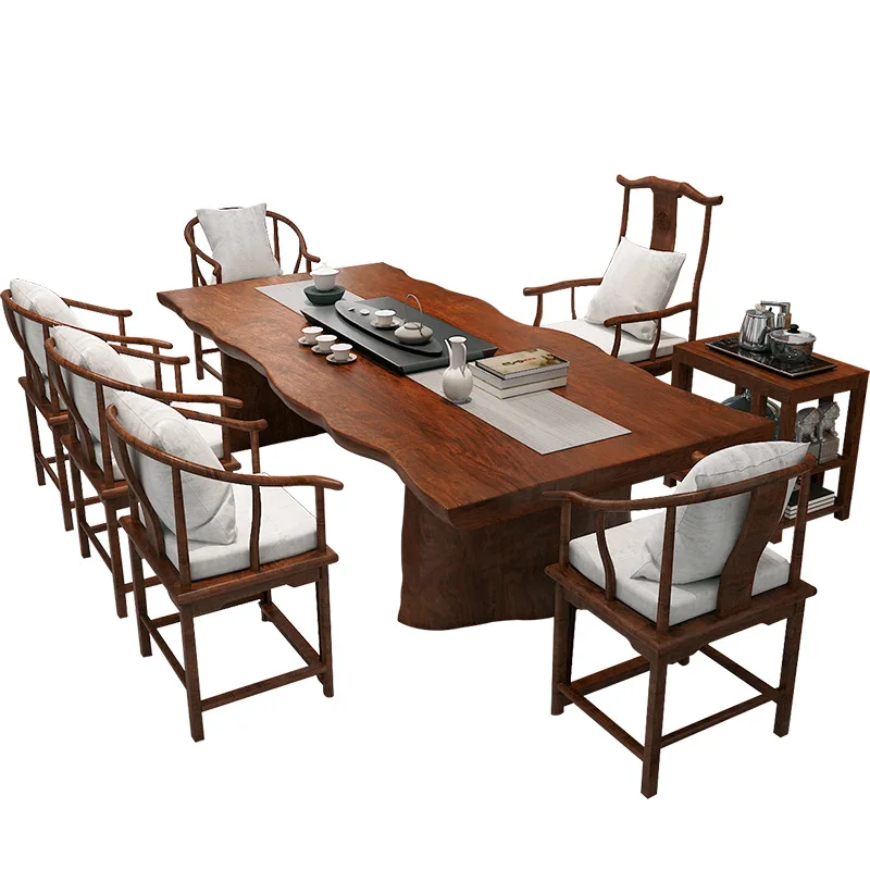 

#New Chinese coffee table, solid wood large board dining table, walnut whole board reception coffee table and chairs