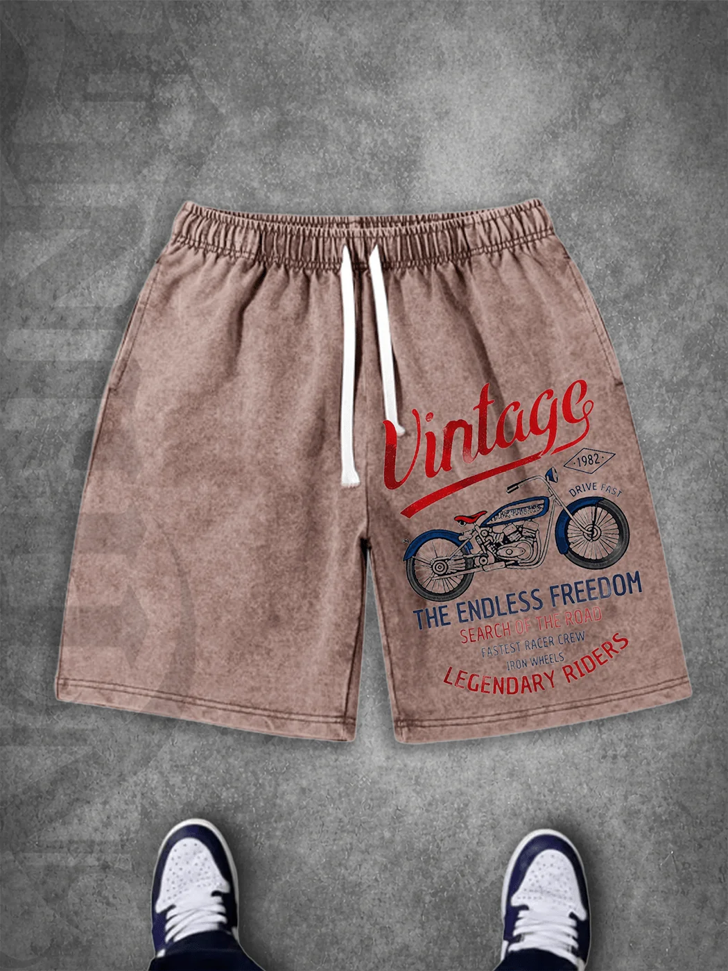 

Mens Vintage Motorcycle Print Drawstring Elastic Waist Casual Shorts