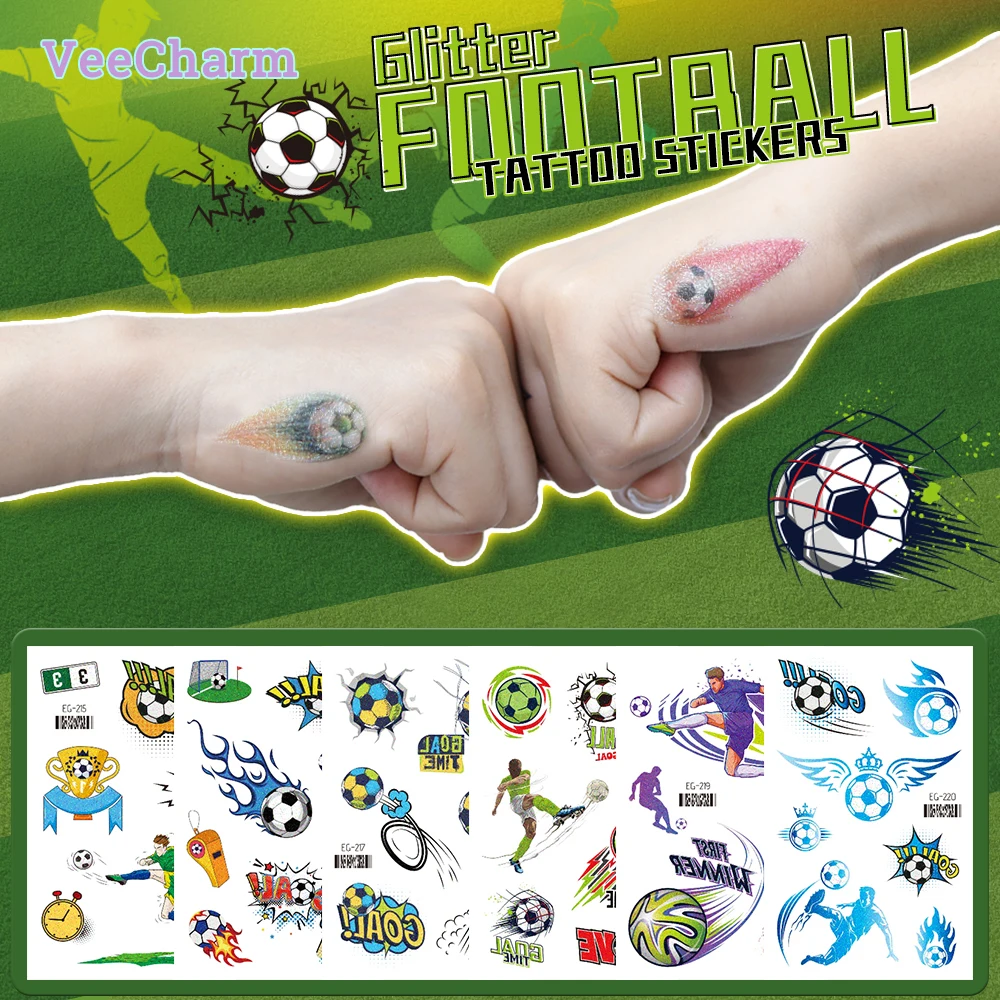 

VeeCharm - Glitter Football Temporary Tattoos, Soccer Ball Tattoo for Adults Kids, Sport Game, Birthday Party Bag, 1/20 Sheet