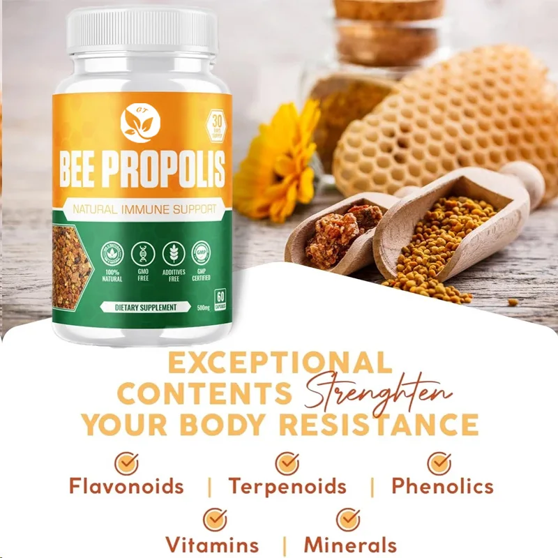 

Propolis Extract Capsules, Natural Immune Enhancer, Non Gmo Gluten Free 500mg, 60 Vegetarian Capsules, Contains Bean Powder