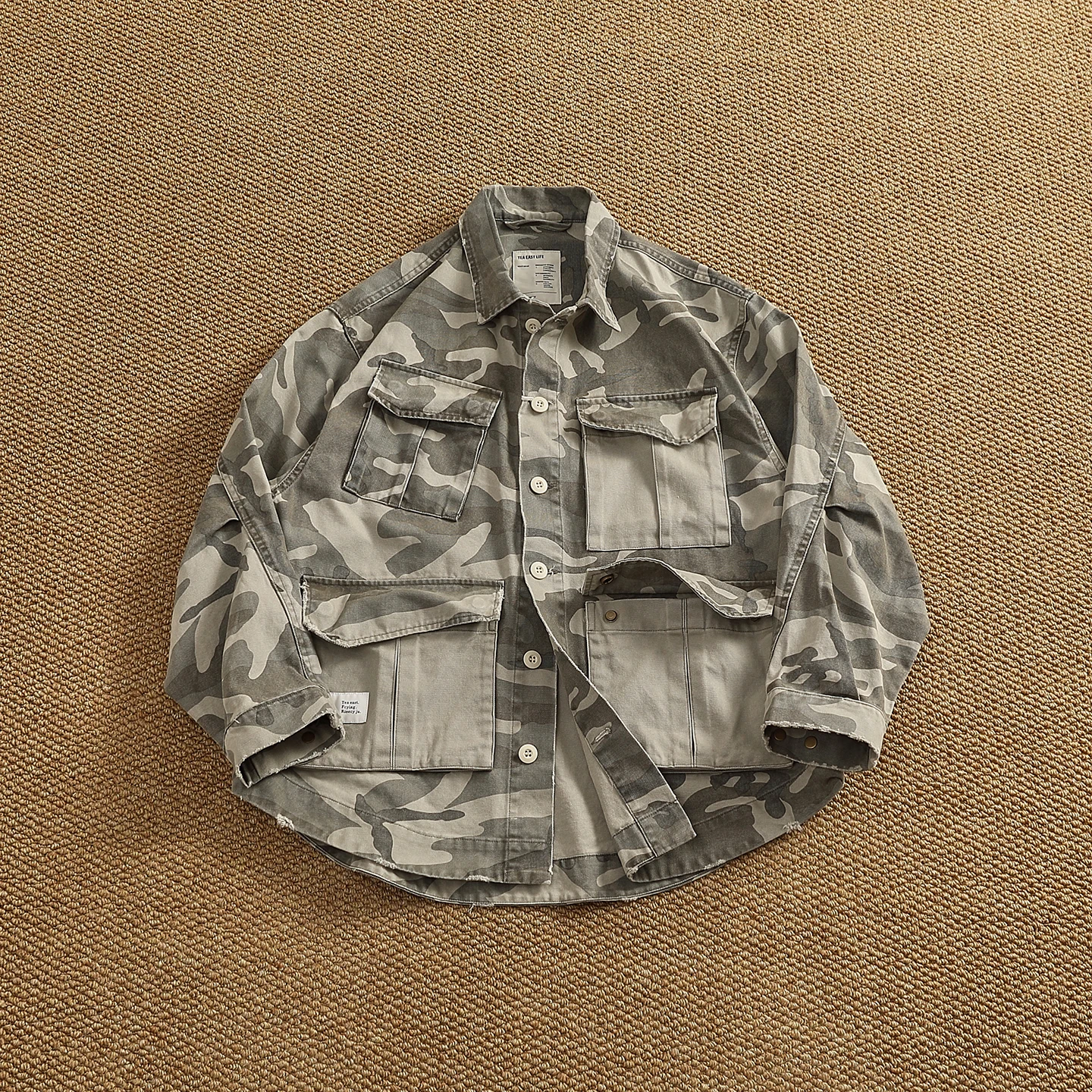 Autumn new high street heavy trendy rotator sleeve jacket men's grain pattern woven loose work camouflage top