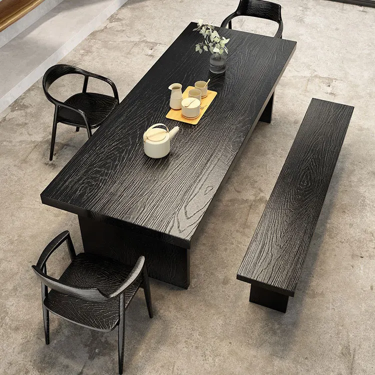 Wabi-sabi wind embossed solid wood tea table, a full set of carbonized black log large board tea table, modern simple office